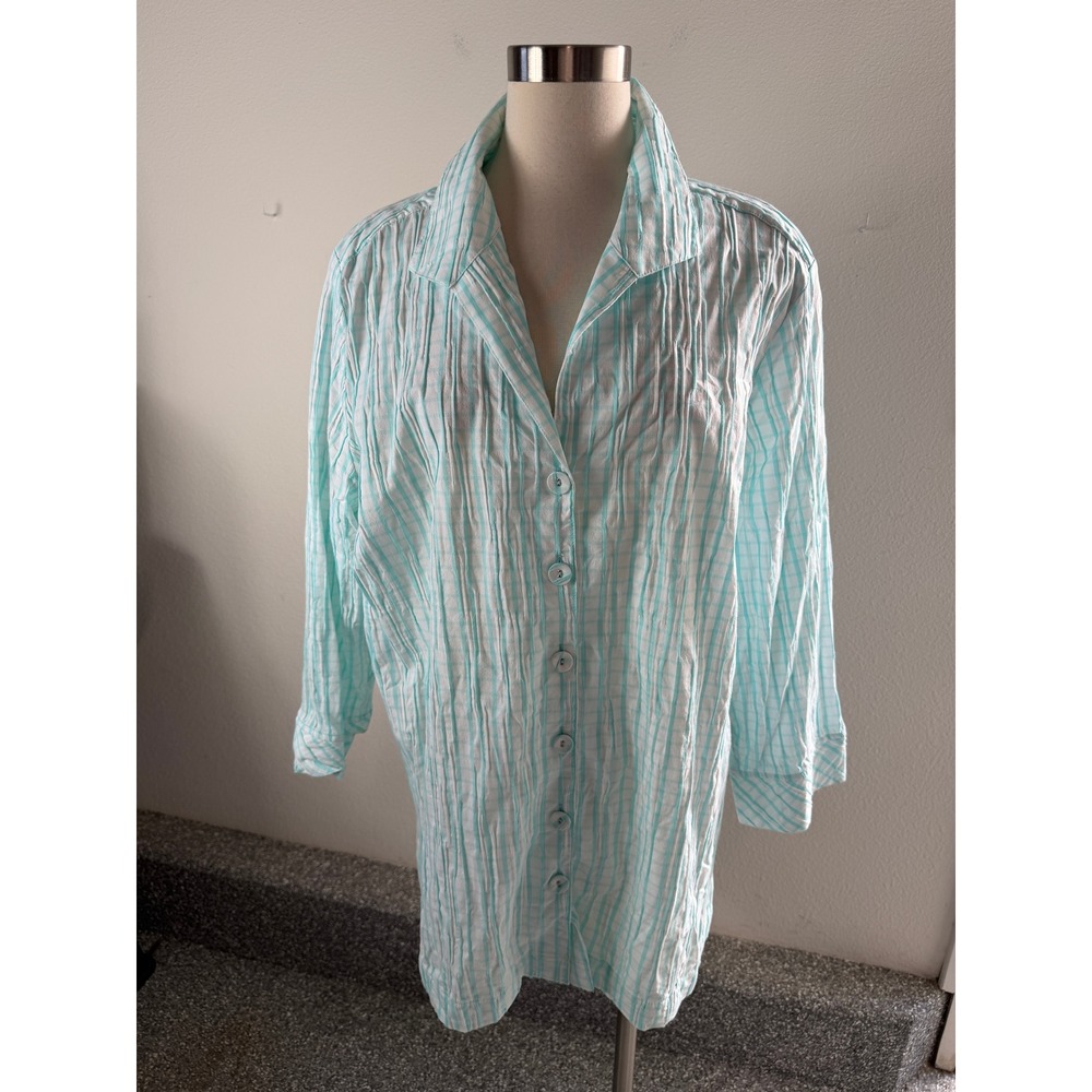Foxcroft Womens Plus 20W Aqua Blue White Plaid Shaped Button Up Shirt Textured